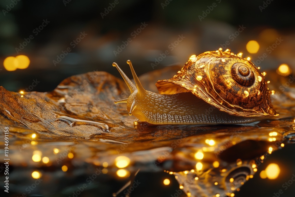 Aufkleber An enchanting scene of a snail with its shell aglow in soft, magical lights, resting on a textured leaf, creating a captivating, whimsical atmosphere.