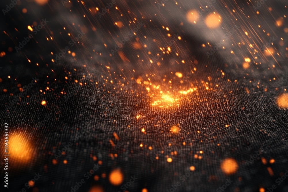 Poster Glowing orange sparks are scattered across a textured fabric surface, creating an abstract scene that captures energy and motion in a dynamic composition.