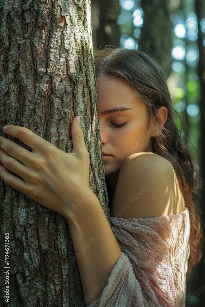 Aufkleber A person embracing a tree trunk in a dense forest, potential for nature-themed or environmental-related usage