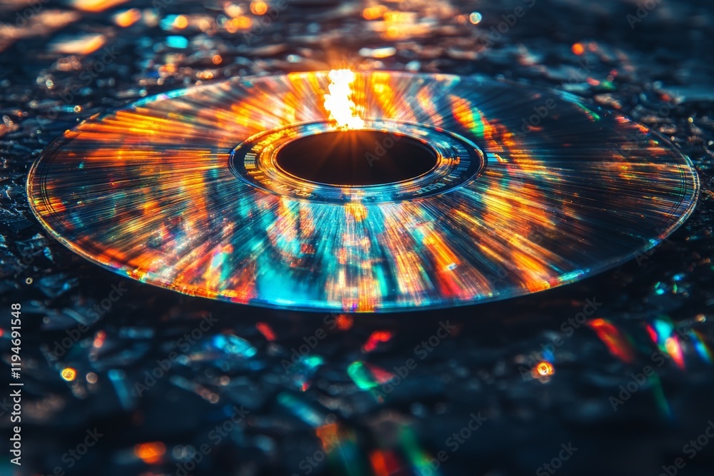 Poster a visually stunning image of a colorful cd placed on a shattered glass surface, reflecting a vivid s