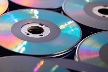 Fototapeta premium A collection of compact discs stacked on top of each other, great for music or technology related themes