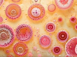 Abstract colorful bubbles and circles in vibrant pink and orange tones on a smooth surface