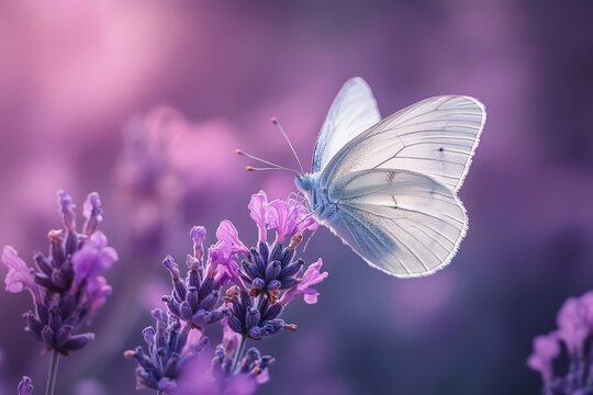 Capturing the ethereal presence of a ghostly white butterfly perched delicately on a purple flower, this image embraces an atmosphere of mystery and tranquility.