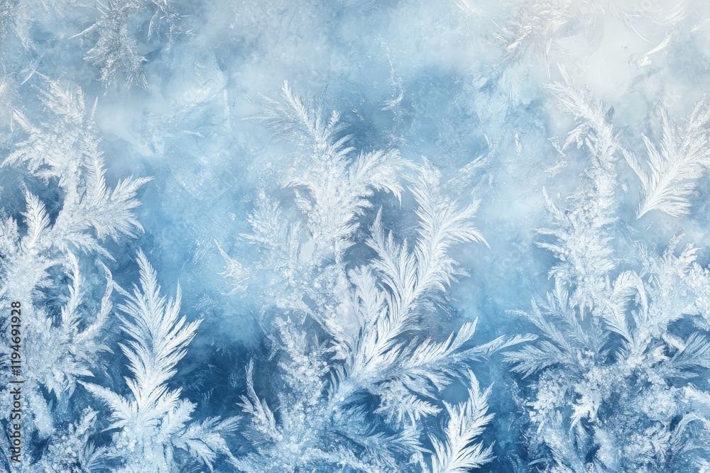 Poster A mesmerizing view of frost-covered window showing intricate ice patterns resembling delicate fern leaves, capturing the essence of winter's beauty and tranquility.