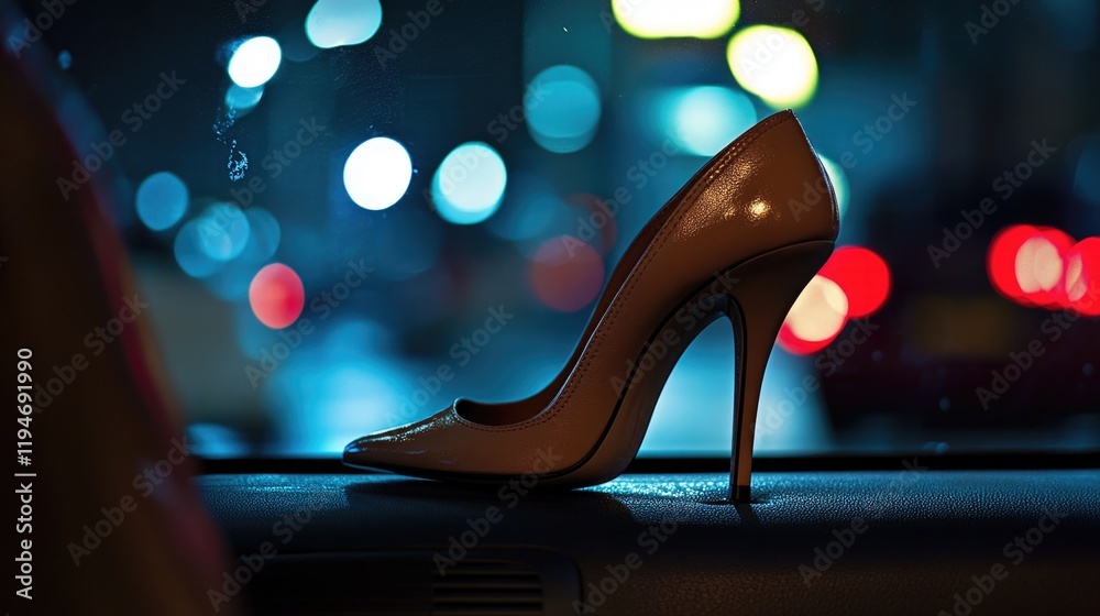 Poster a high-heeled shoe sits on the dashboard of a car, possibly left behind by its owner