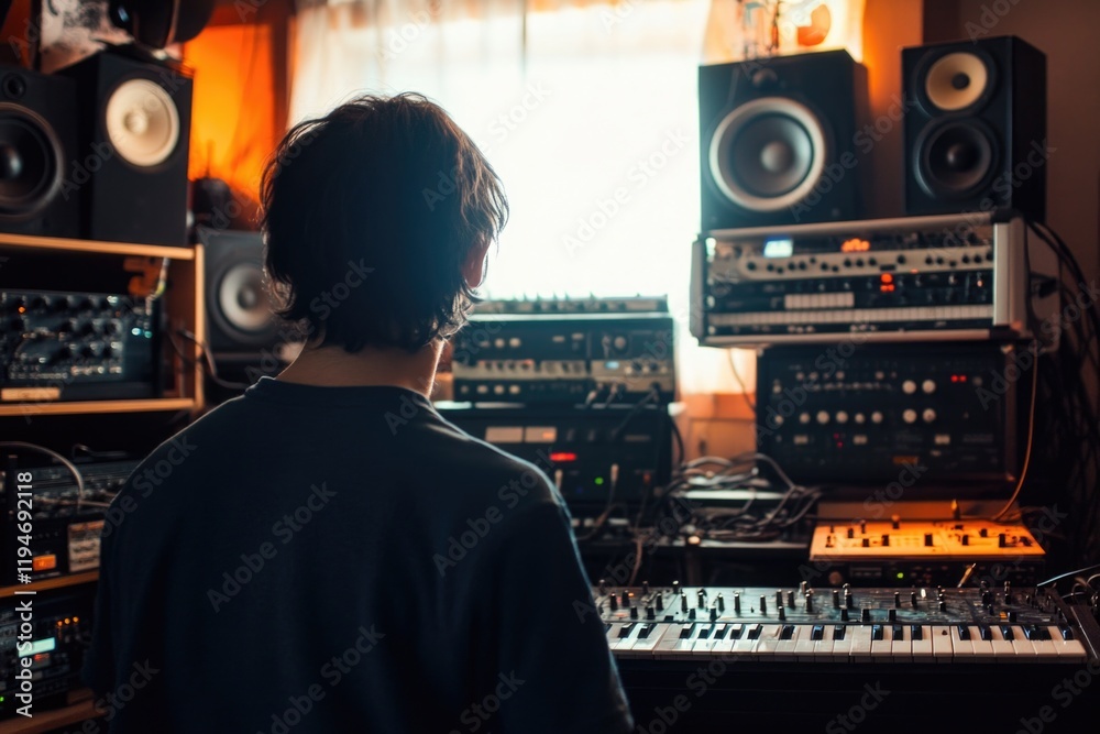 Poster a person sitting at a desk with a keyboard, surrounded by music equipment and instruments