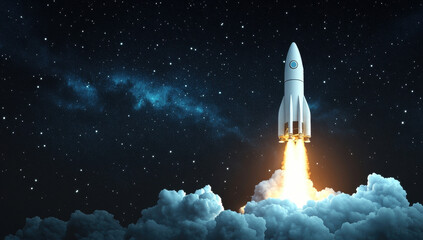 White rocket launching into the starry sky with clouds below