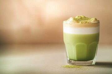 A glass of layered matcha latte with a dusting of matcha powder on top, a refreshing and visually appealing drink.
