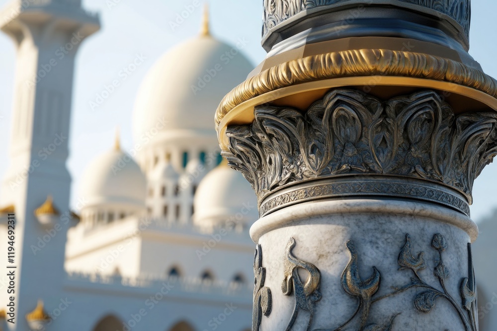 Poster A close-up shot of a pillar with a building in the background, perfect for use in architectural or cityscape illustrations
