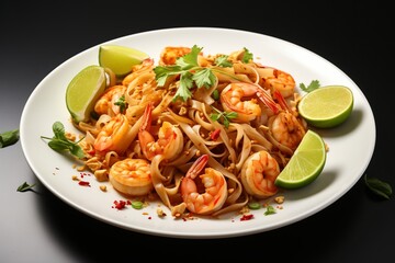 Delicious shrimp pasta with lime and herbs on a sleek black background, perfect for culinary delights.