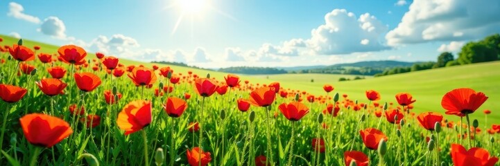 A sea of red poppies waves gently in a lush green meadow under a bright summer sky , botany, high resolution