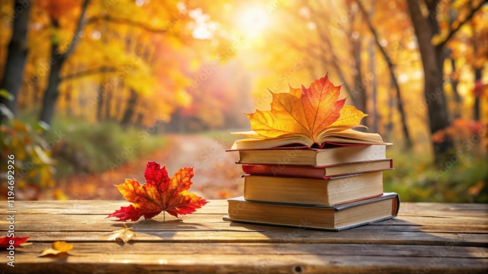 Poster autumnal reading nook stack of books with colorful leaves on rustic wooden table