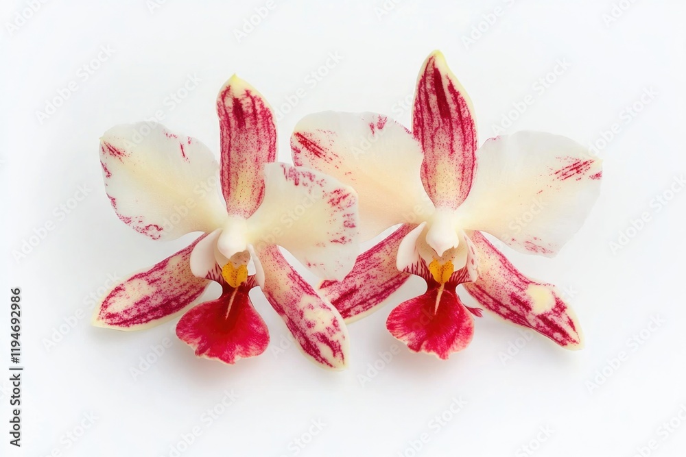 Poster a pair of white and red orchids placed on a white surface