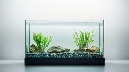 Fish tank aquarium with no water and fish on white background. Empty fishbowl. Nobody