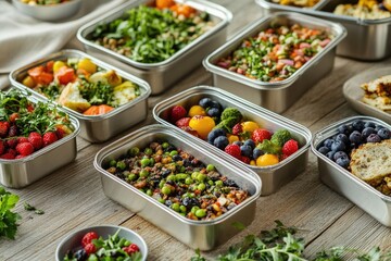 Assorted healthy meals prepped in metal containers, featuring fruits, vegetables, and grains.