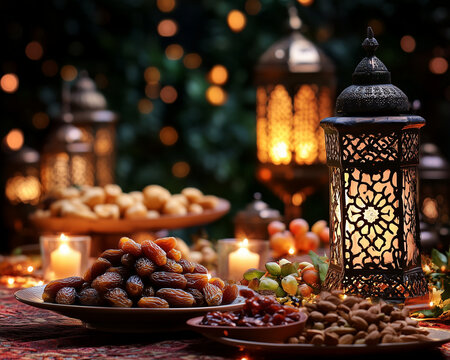 Iftar Table with Dates, Nuts, and Lanterns during Ramadan Generative AI
