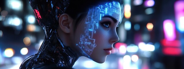 Futuristic female robot with holographic blue skin and glowing circuitry gazes at the viewer amidst a vibrant cityscape at night