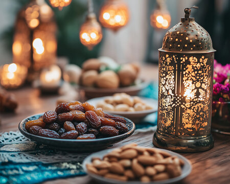 Iftar Table with Dates, Nuts, and Lanterns during Ramadan Generative AI
