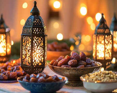 Iftar Table with Dates, Nuts, and Lanterns during Ramadan Generative AI