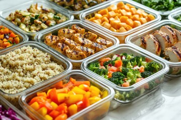 Obraz premium Meal prep containers filled with grilled chicken, quinoa, roasted vegetables, and salads.