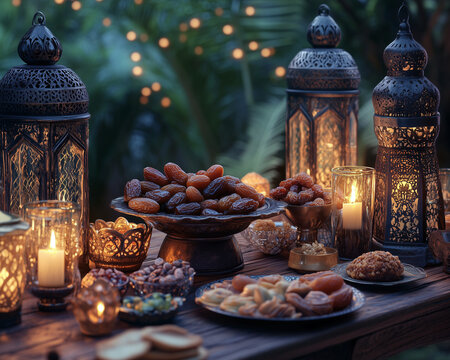 Iftar Table with Dates, Nuts, and Lanterns during Ramadan Generative AI