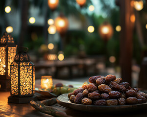 Iftar Table with Dates, Nuts, and Lanterns during Ramadan Generative AI