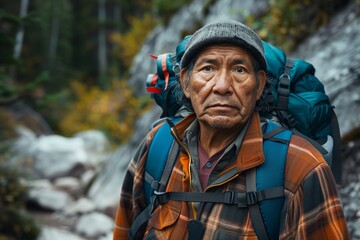 Obraz premium Experienced hiker with a backpack in nature, embodying adventure and resilience in a breathtaking landscape.