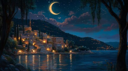 Coastal Village Nightscape Under Crescent Moon