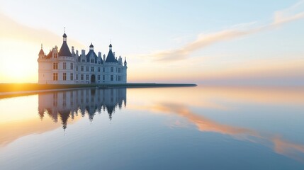 Fototapeta premium Serene castle reflection at sunrise by a calm water body.