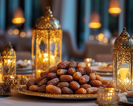 Iftar Table with Dates, Nuts, and Lanterns during Ramadan Generative AI