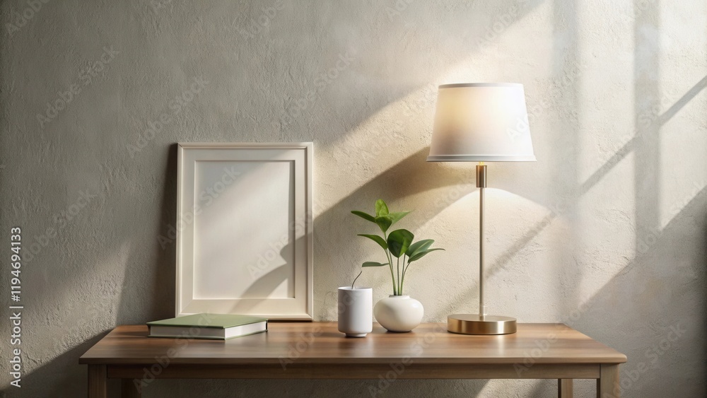 Poster sunlit minimalist home interior design mockup with table lamp and frame