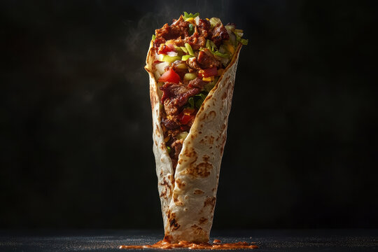 Delicious doner kebab in tortilla with vegetables against a dark background
