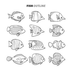 Set of tropical Aquarium Fish outline collection with line art style, aquarium animals fauna, Butterfly Fish, Angelfish, Clownfish, Blue Tang, Discus, flat vector illustration.