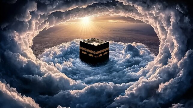 Majestic Kaaba Surrounded by Colossal Cloud Vortex with Earth Glowing in Background