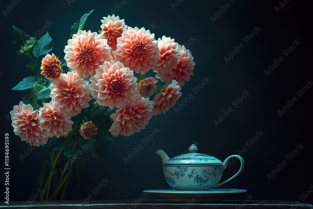 Poster a vase filled with pink flowers sits next to a teapot, perfect for decorating a table or adding a to