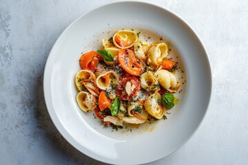 Delicious pasta dish with roasted tomatoes, basil, and parmesan cheese. Simple and elegant.