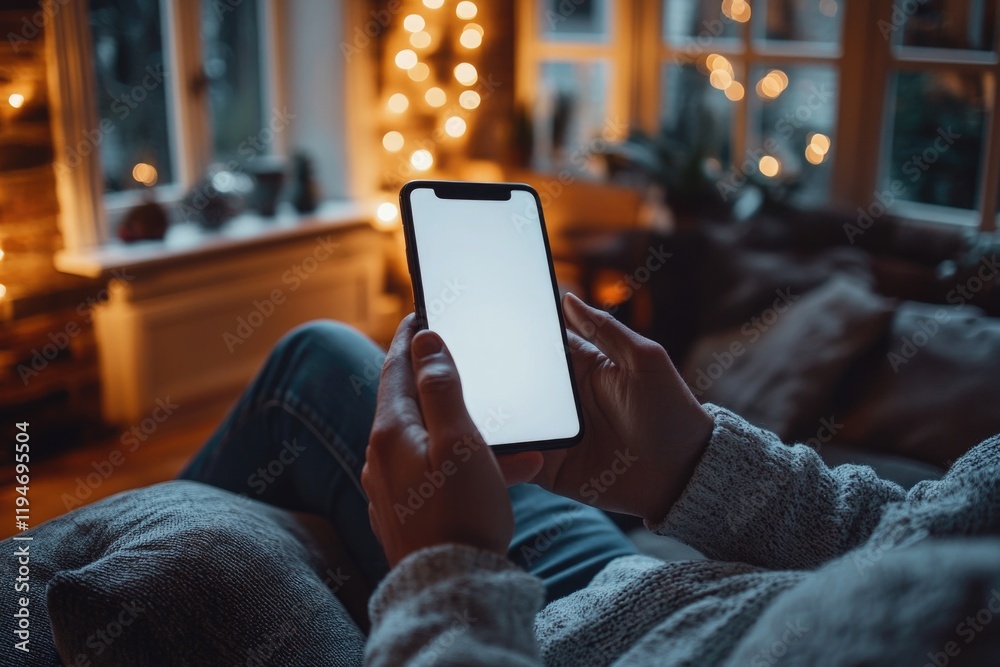 Poster a person sitting on a couch holding a cell phone, suitable for use in lifestyle or technology relate