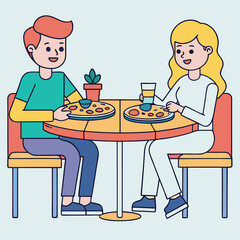 Friends Company Eating out in Pizzeria at Cafe or Restaurant Background. Young Men and Women Cartoon Characters Sitting at Table with Big Pizza and Chatting Friendly. Flat Vector Illustration