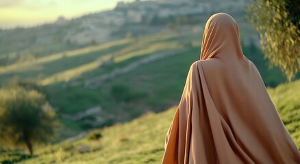 Woman in Traditional Hijab Walking Through Jerusalem Hills
