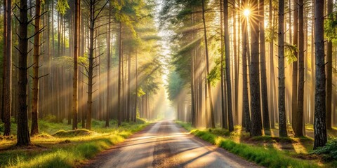 Obraz premium Golden Sunrise Illuminates a Serene Forest Path with Sunbeams Streaming Through Tall Trees