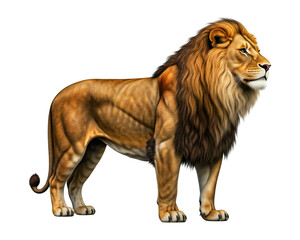 a brown lion in side view, full body, standing on a white background.