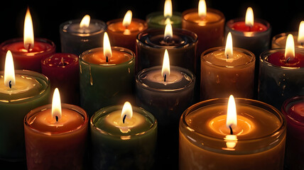 Candlelight Gathering: A collection of colorful candles cast a warm and inviting glow, their flames dancing in a mesmerizing symphony of light and shadow, evoking a sense of peace and tranquility.