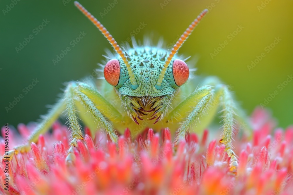 Poster close-up shot of a bug sitting on a colorful flower, ideal for use in nature or wildlife photography
