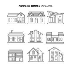 Set of Facade of a Modern House Design outline collection with line art style, Home Real Cottage Estate Apartment Construction Building, flat vector illustration.