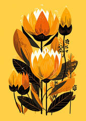Fototapeta premium Vibrant vector illustration of bold, abstract flowers in warm tones. The stylized petals and leaves create a dynamic visual. Perfect for art lovers. Generated AI