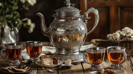Tea enjoyer concept. Antique silver samovar self brewer with four tea cups against blue background.