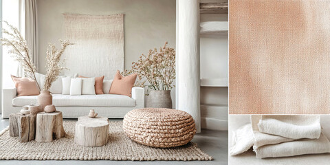Experience serene elegance with this cozy, minimalistic living space featuring soft, neutral tones and organic textures. Perfect for calming, stylish interiors. Generated AI