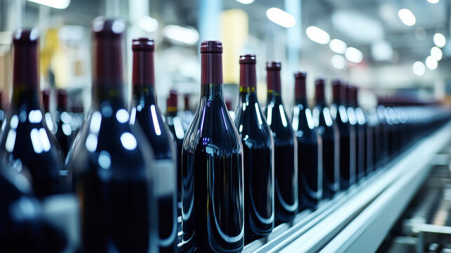 Conveyor belt filled with sleek black glass bottles of deep red wine during production in an industrial facility