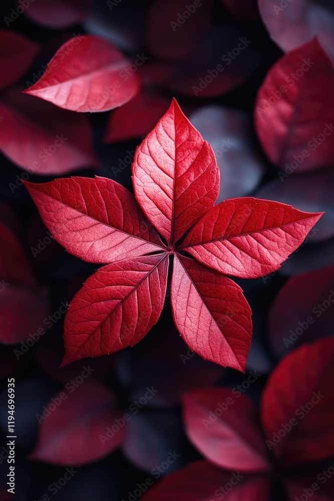 Poster A detailed view of a single red leaf on a dark background, great for use in designs where simplicity and contrast are key
