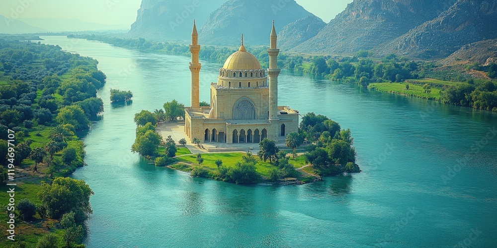 Poster a large building situated on top of a lush green hillside, perfect for scenic views or architecture 